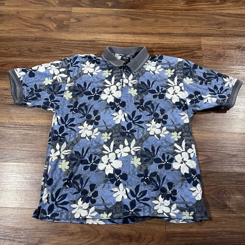 IZOD Golf Polo Shirt Blue Floral Print Stretch Tropical Cotton Mens Size Large